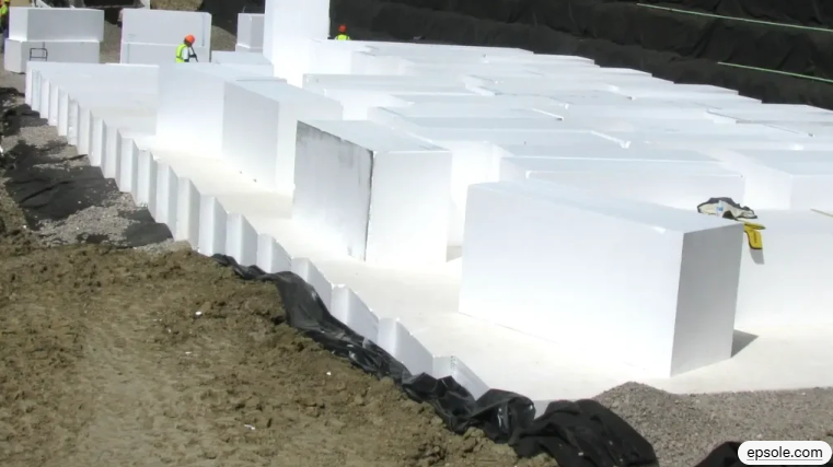 EPS Geofoam được lắp đặt làm lớp đắp nhẹ cho đường giao thông trên nền đất yếu, giúp thi công nhanh chóng và hạn chế lún sau này.
